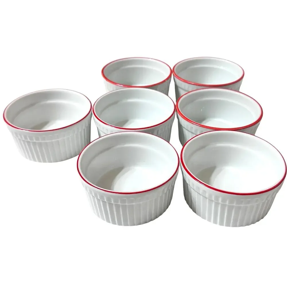 World Market White Ceramic Ribbed Ramekins Red Rim-Set of 7-Excellent!